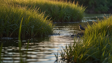 birds on the river bank in the morning