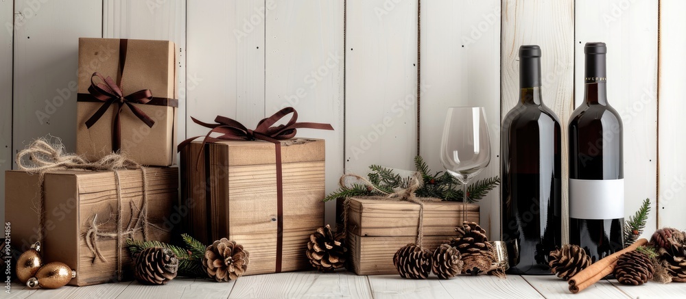Poster wooden gift boxes with wine positioned in a way that appears separated from their surroundings again