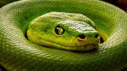Fototapeta premium A close up of a green snake curled around itself, AI