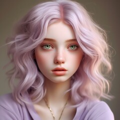 Fototapeta premium Girl with pink, purple hair, makeup, hair, skincare, beauty concept, natural beauty