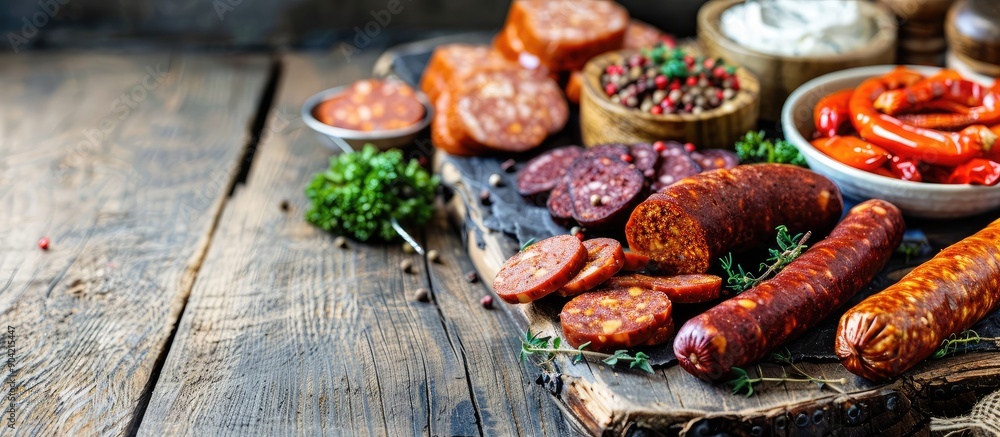 Poster a variety of vegetarian sausages made from plant based ingredients like soy and tofu set on a rustic