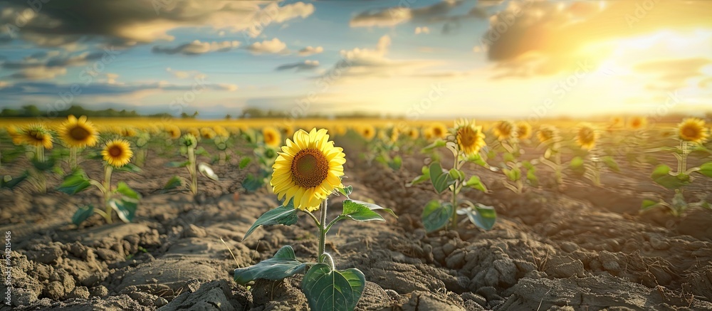 Poster sunflower field with copy space image showing dry soil
