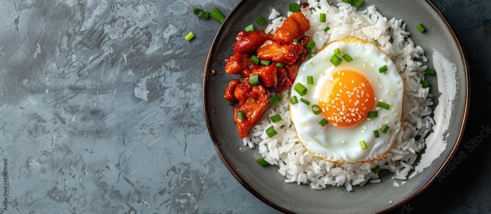 Poster top view of a plate with rice fried egg and char siu creating a beautiful composition with copy spac
