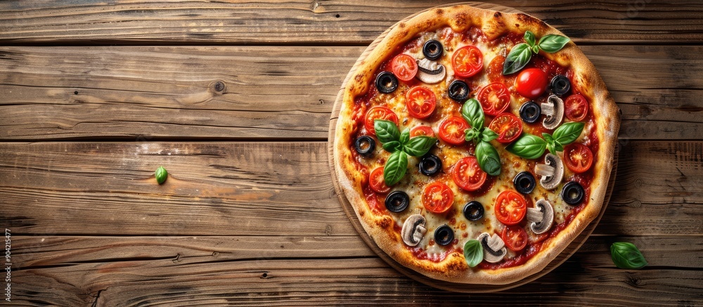 Poster top view of a scrumptious pizza topped with tomatoes mushrooms black olives and basil on a wooden su