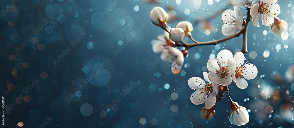 Poster plum blossoms in a spring background featuring numerous small white flowers on a branch with copy sp