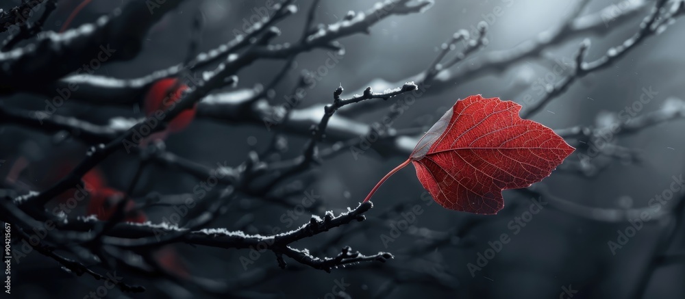 Poster a petite red leaf with branches in the backdrop an ideal copy space image