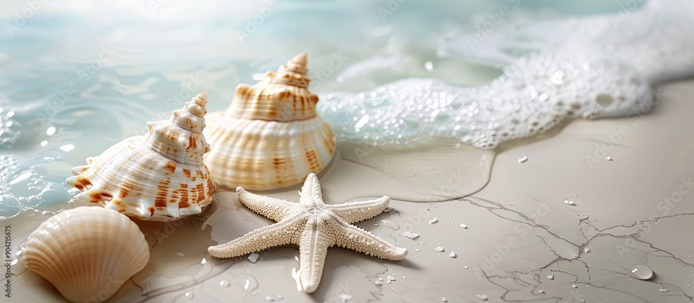 Poster a summer theme featuring sea shells or starfish on a table surface providing a backdrop for text wit