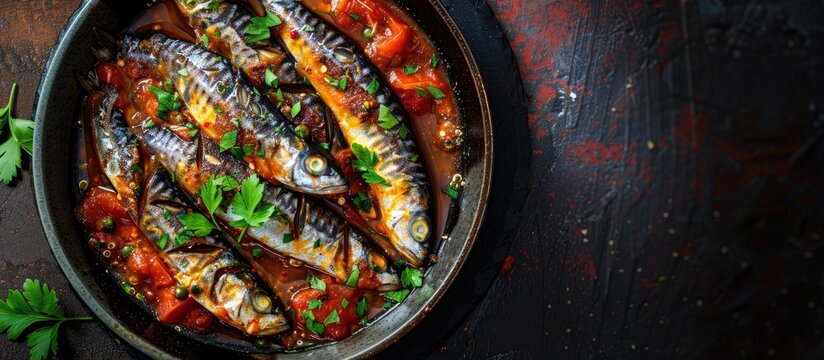 Top view image of keto diet lunch or dinner featuring sardines cooked in rich tomato sauce seasoned with spices with copy space image