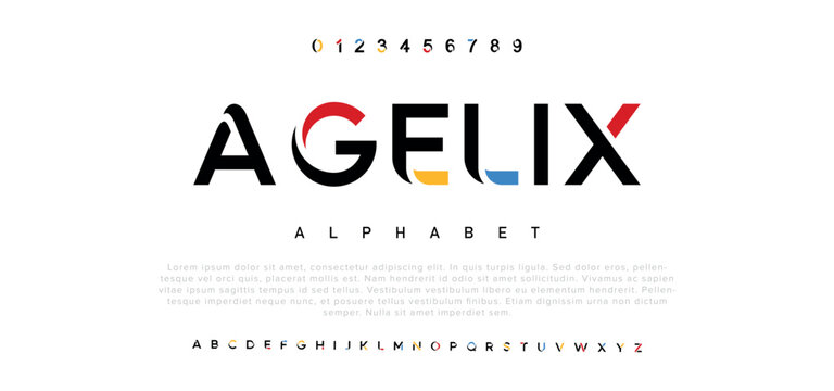 Agelix Colorful font. Colorful bright alphabet and font. Emotional bold uppercase color letters. Type, typography letter font. Hand-drawn modern narrow font for headline, text. Vector Illustration