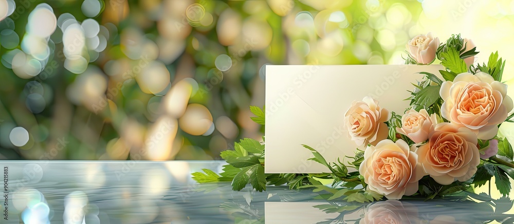 Poster a card with flowers on a glass table displayed as a mock up copy space image with a clipping path