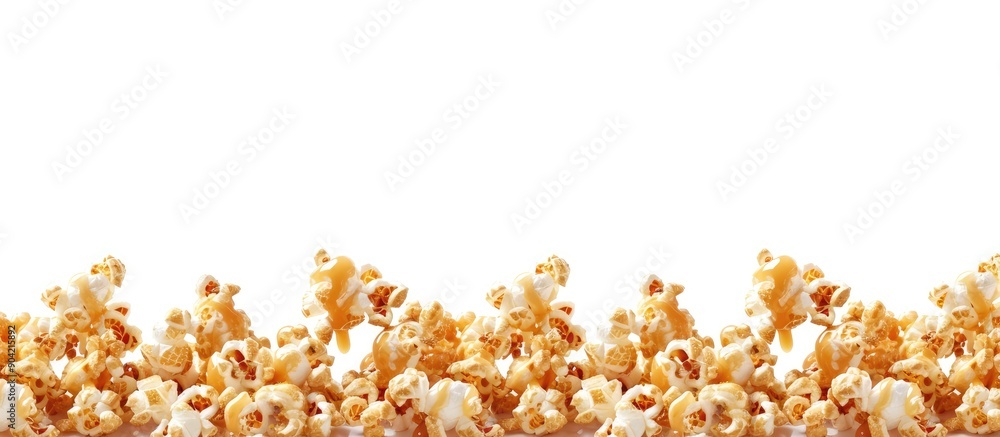 Poster close up image of salted caramel popcorn with caramel sauce topping on white background text can be 