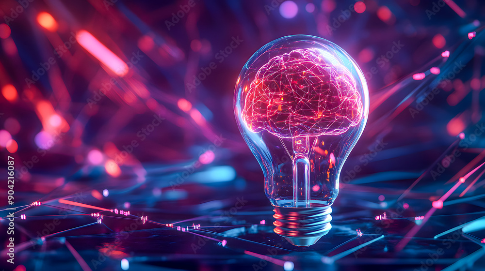 Poster a glowing neon colored brain inside a lightbulb symbolizes the power of innovative thinking technolo