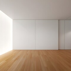 Empty modern / contemporary room with plain white wall and wooden floor, 16:9 widescreen wallpaper / background
