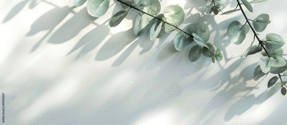 Poster elegant green eucalyptus branch on a light background with ample copy space image for product showca