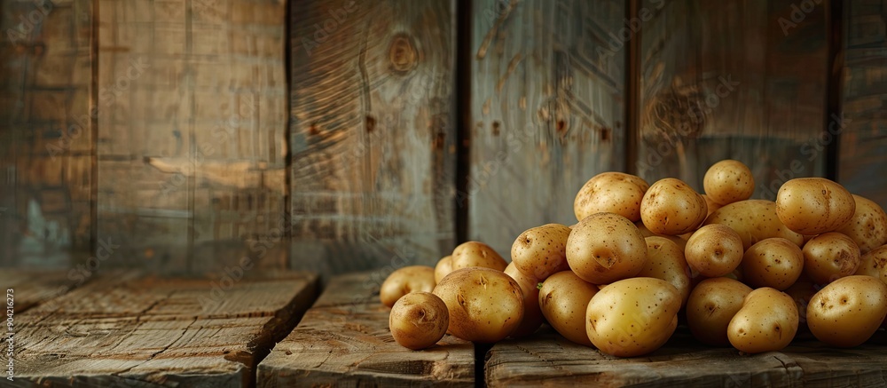 Wall mural Freshly harvested organic young potatoes on a wooden background Agricultural setting suitable for vegans with a place for text and copy space image