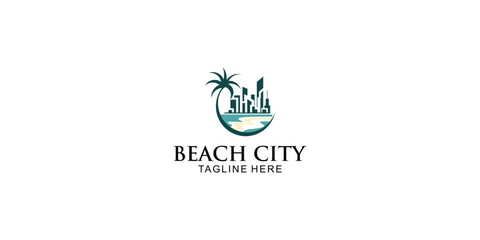Creative beach city logo design premium vector