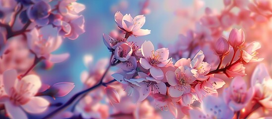 In spring almond tree branches burst with full bloom flowers creating a picturesque scene with copy space image