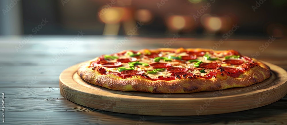 Poster a tasty pizza with pepperoni and green peppers rests on a wooden platter perfect for indulging with 