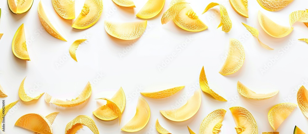 Poster arrangement of melon peel sections on a white backdrop with copy space image