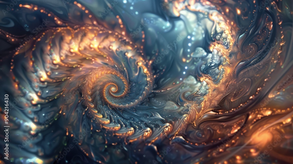 Poster a mesmerizing fractal vortex exhibits swirling patterns in vibrant hues, creating a compelling visua
