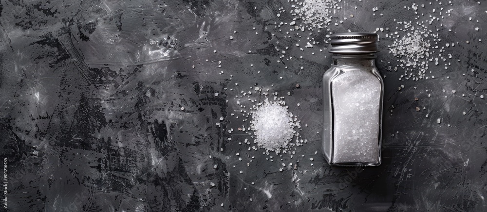 Aufkleber top view salt shaker on a textured grey table with a designated copy space image