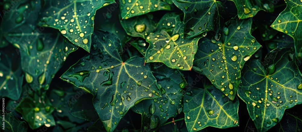 Poster Macro shot of rain speckled green ivy leaves offers a nature themed background with a freshness concept Perfect as a design or print with copy space image