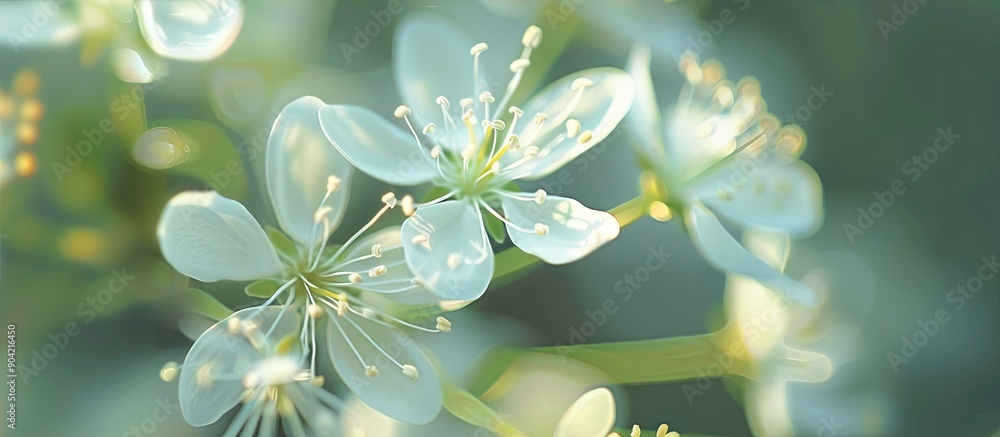 Poster front view of blooming small white flowers with lengthy stamens in macro background is blurred to hi