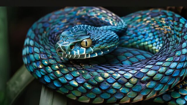 Coiled snake with intricate scales on a black background