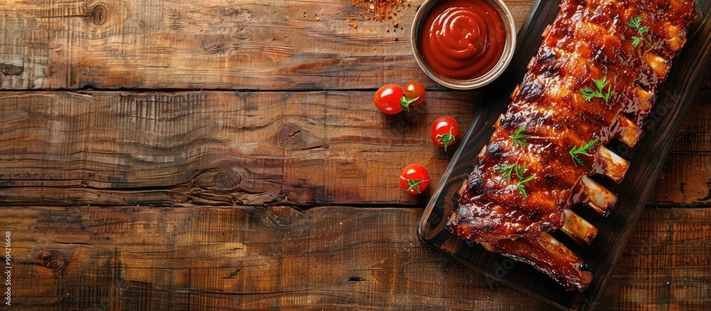 Aufkleber a delicious grilled barbecue pork ribs meal displayed on a rustic table with copy space image perfec