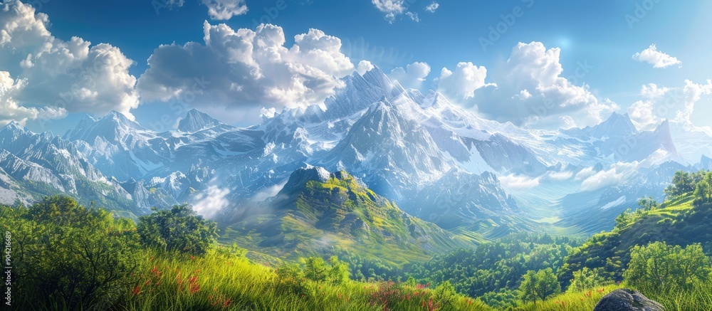 Poster scenic view of lush mountain meadows and peaks under a sunny blue sky with clouds creating an advent