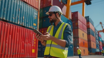 Worker with Tablet at Shipping Yard