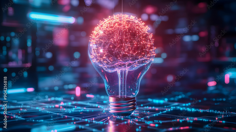 Poster glowing brain synapse suspended in a digital network symbolizing the power of scientific innovation 