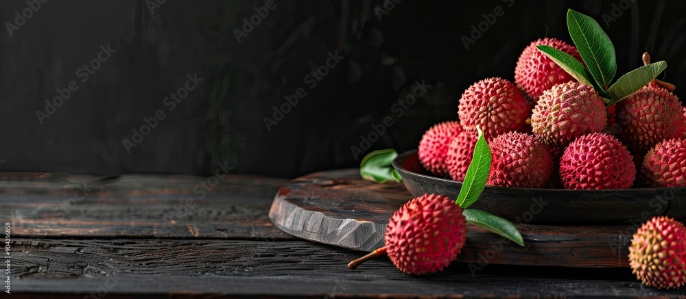 Poster fresh lychees displayed on a wooden board against a black background creating a striking copy space 