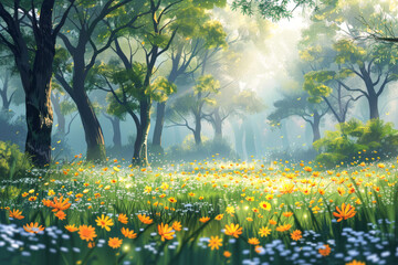 Fototapeta premium An idyllic forest scene with warm sunlight streaming through the trees and wildflowers blooming on the forest floor. Suitable for nature, environmental, or outdoor-themed content