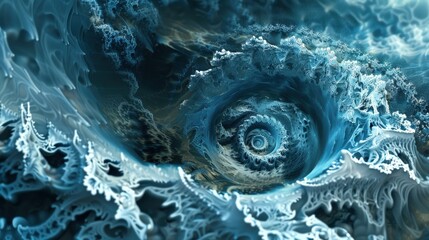 A mesmerizing fractal wave showcases intricate curling shapes, evoking a sense of fluidity and depth within an oceanic theme