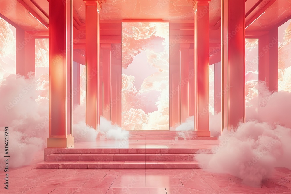 Poster surreal red column corridor with fluffy clouds and soft light