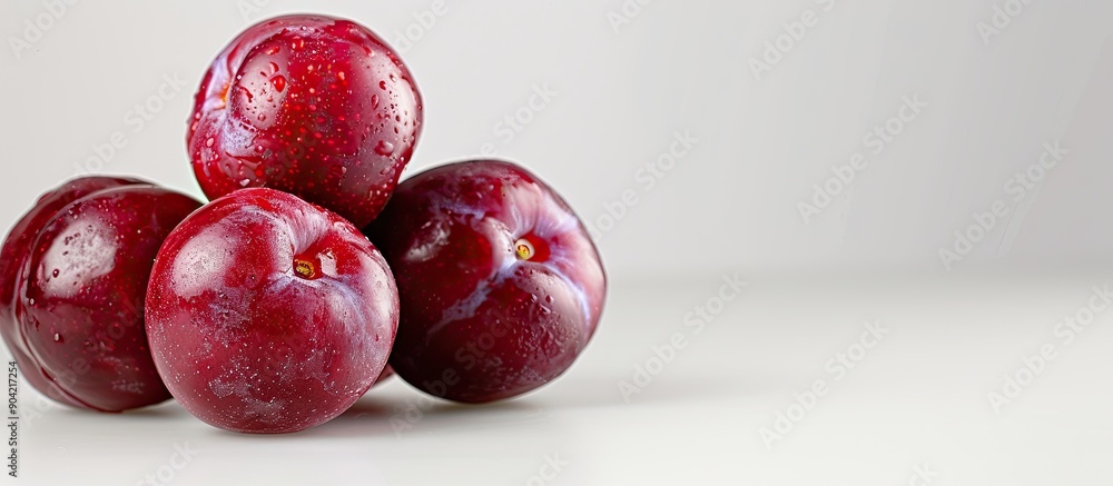 Poster red plums appealingly displayed with copy space on a white background