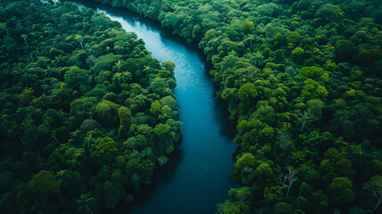 Aerial View Of A Winding River Through Dense Forest Lush Green Canopy Tropical Landscape Pristine Natural Environment Travel Destination Conservation Wildlife Habitat Rich Biodiversity Blue Water