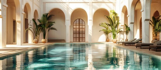 A vacant Moroccan style luxury hotel with an empty swimming pool ideal for a travel holiday concept showcasing copy space