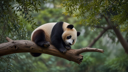 Obraz premium Lazy Panda Bear Sleeping on a Tree Branch