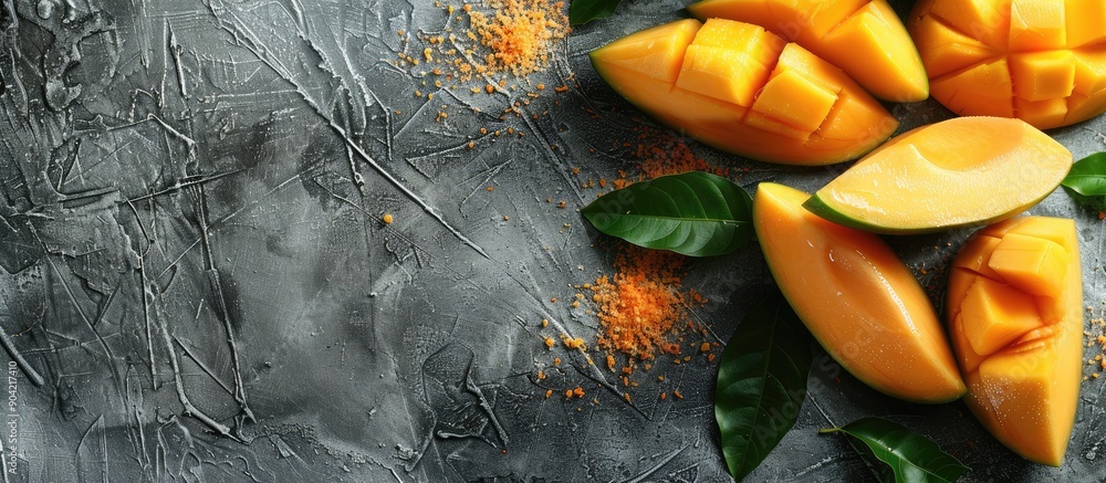 Poster ripe mango slices arranged on a gray table with a leaf for decoration creating a captivating copy sp