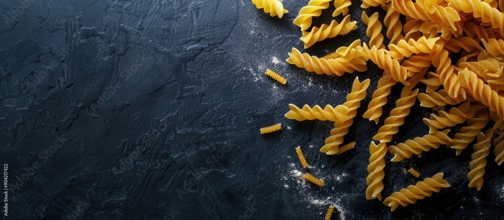 Poster a handful of tiny pasta on a shiny black surface in a top view shot for a background with copy space