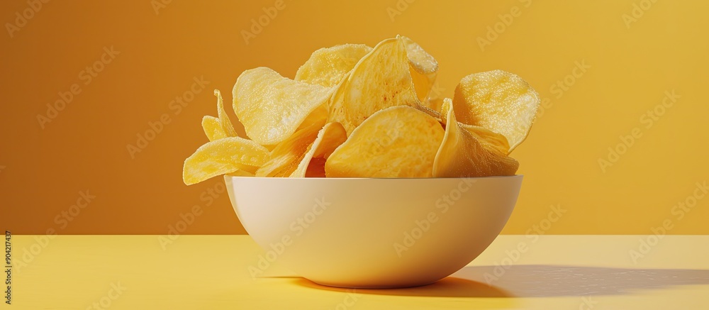 Poster a bowl of potato chips on a yellow surface with room for a displayed image. copy space image. place 