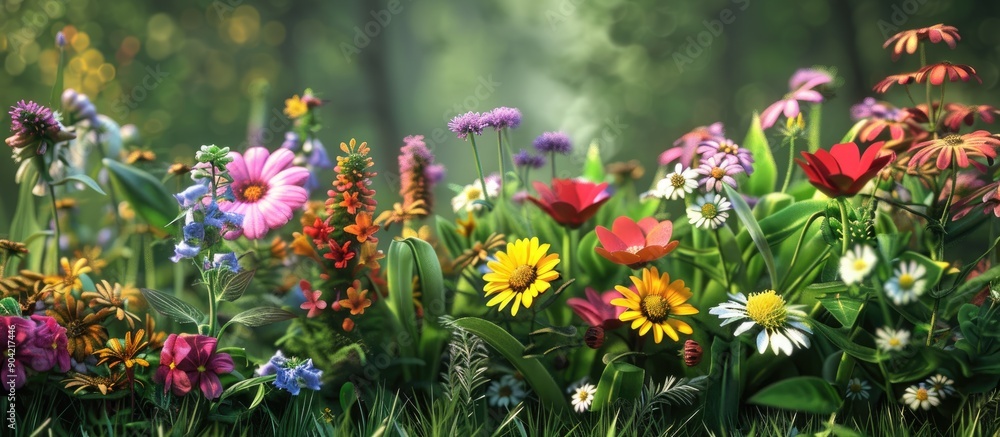 Poster a selection of vivid summer flowers in a garden setting provides an attractive backdrop with a close
