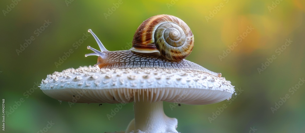 Aufkleber a tiny snail on a white mushroom against a green backdrop in a copy space image