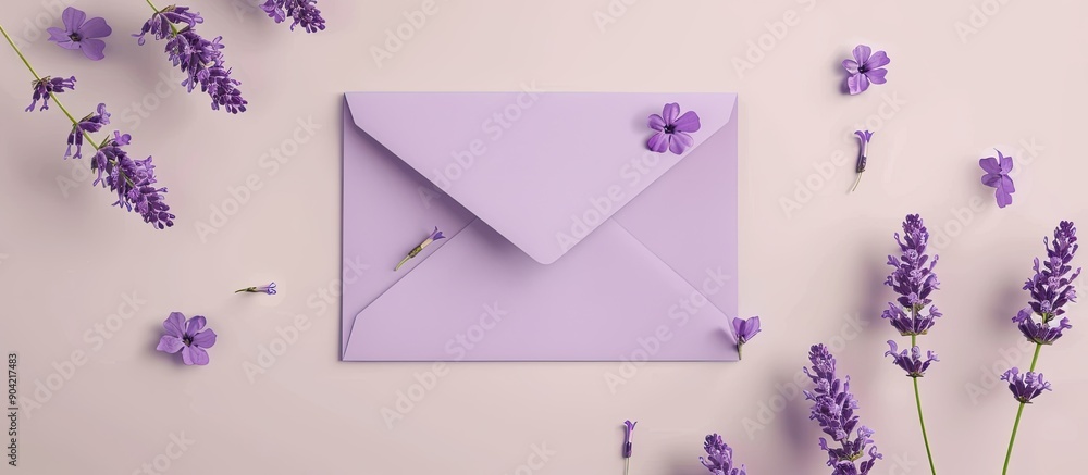 Poster violet envelope mockup with copy space image for text adorned with a lavender flower perfect for gre