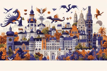 Obraz premium Fantasy Cityscape with Dragons and Towers