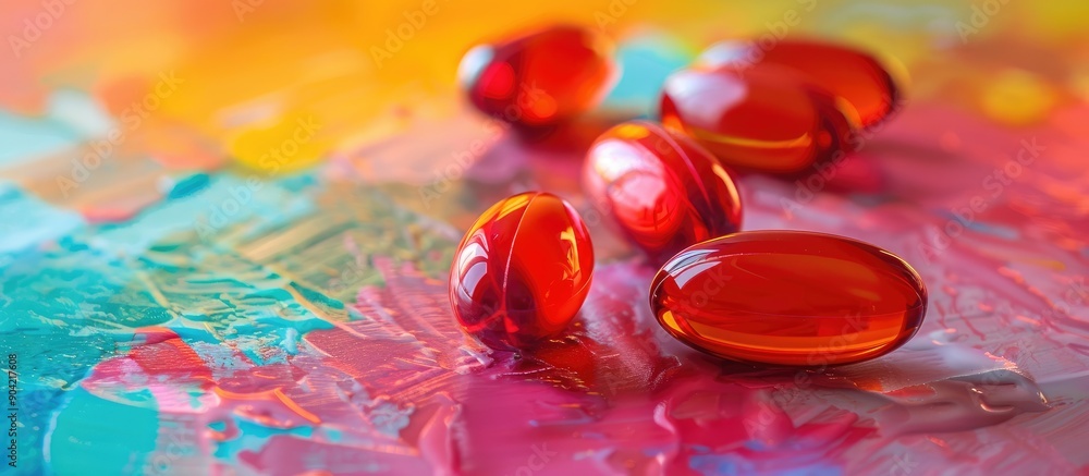 Poster Lutein capsules depicted in a close up soft focus image on a vibrant paper background with ample copy space