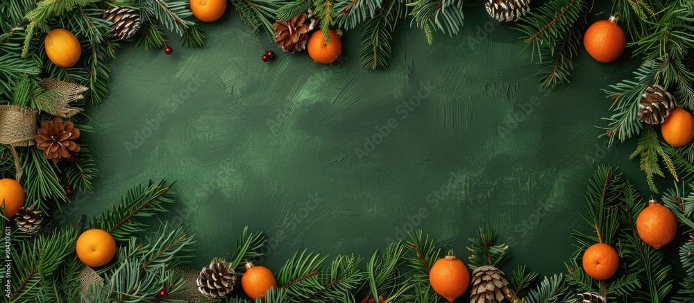 Poster christmas and new year backdrop with a festive arrangement of spruce garlands burlap and oranges cre