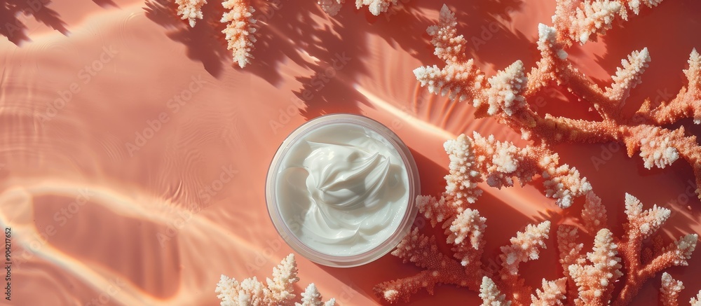 Aufkleber top view of face cream sample on coral background with copy space image